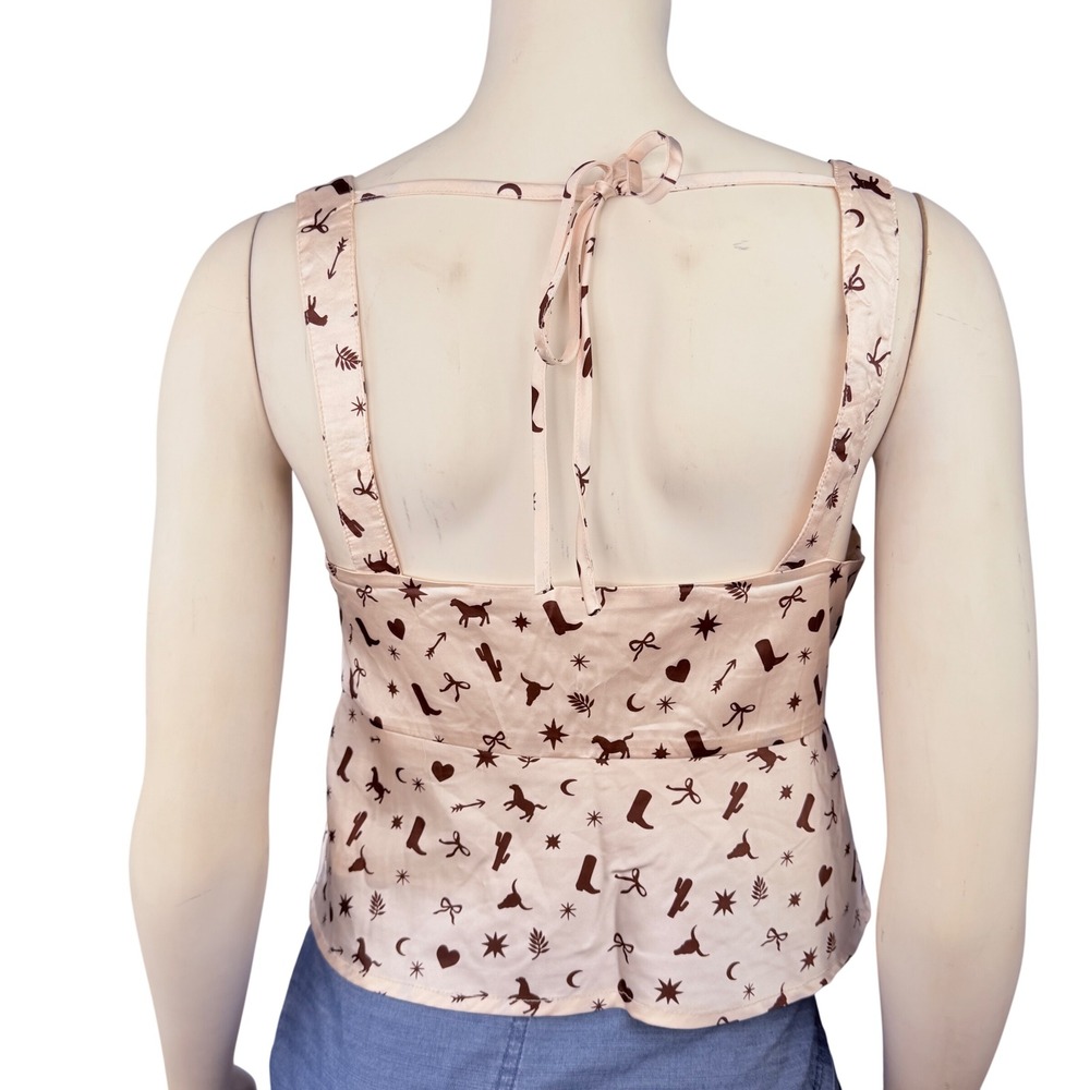 Lelis Collection Cami Tank Top Womens Medium Pink Western Cowboy Print Tie Front - Picture 5 of 9